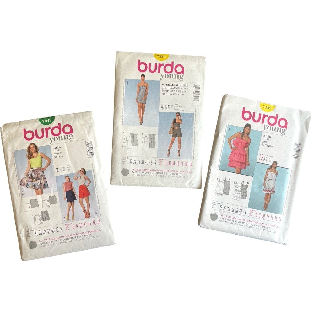 Lot of 3 Burda Young Style Sewing Patterns Skirt Jumpsuit Dress Size Teen 6-18